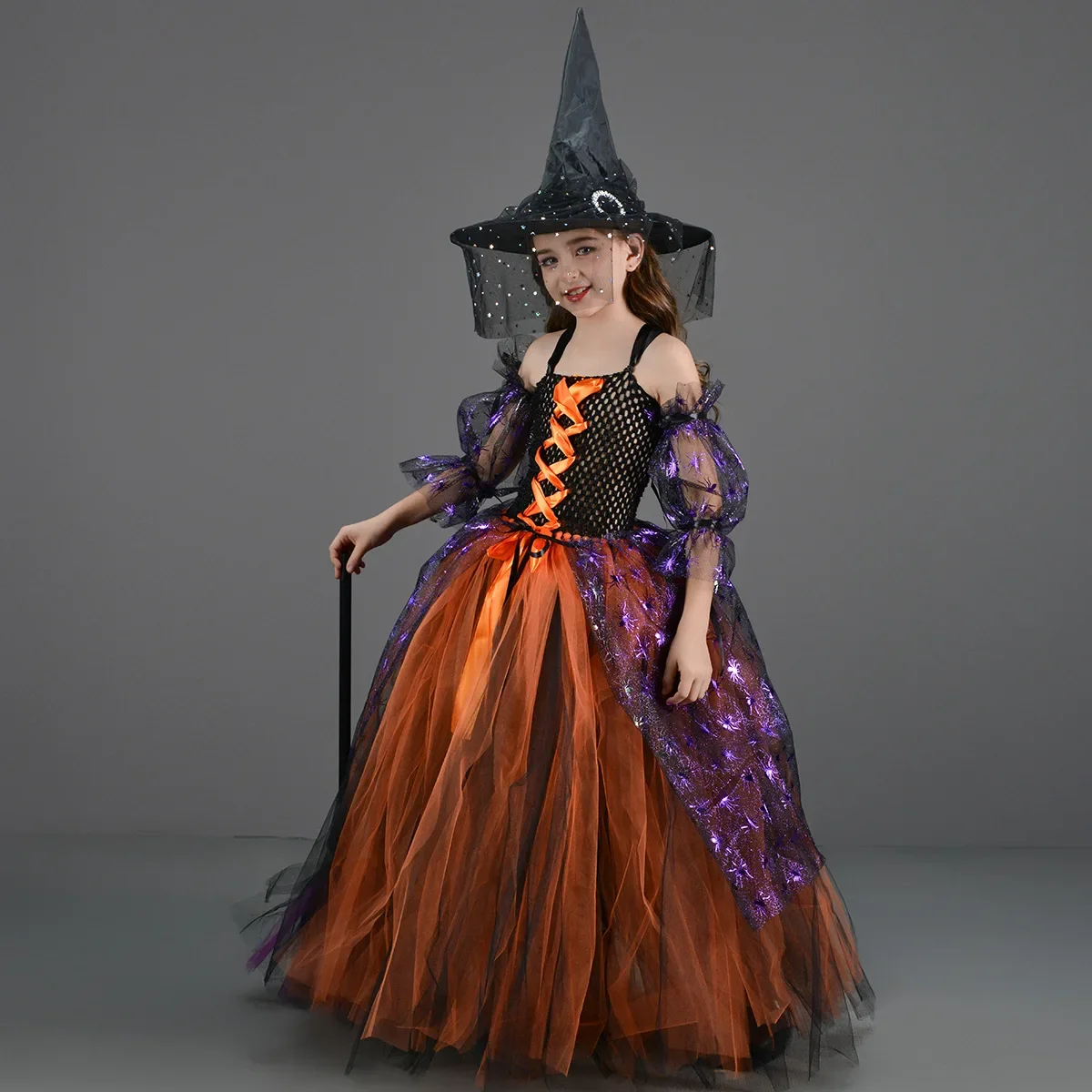 

Child Witch Cosplay Kids Girls Dress Costume Children Dance Stage Perfemence Outfits Hat Broom Props Tutu Skirts Halloween Suit