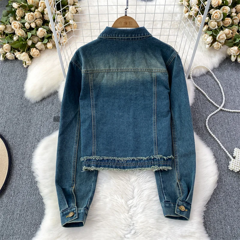 Streetwear Fashion Women Slim Short Denim Jacket Beaded Rivet Diamond Frayed Splicing Contrast Color Spring Female Jeans Jacket