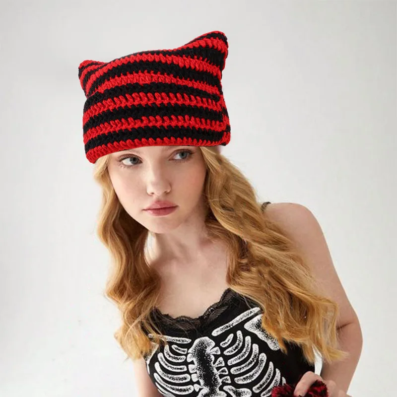 2024 Little Devil Hand Crocheted Wool Stripe Cute Cat's Ears Steamed Cat-ear Shaped Bread Casual Warm Hat Caps Women Downy Hats