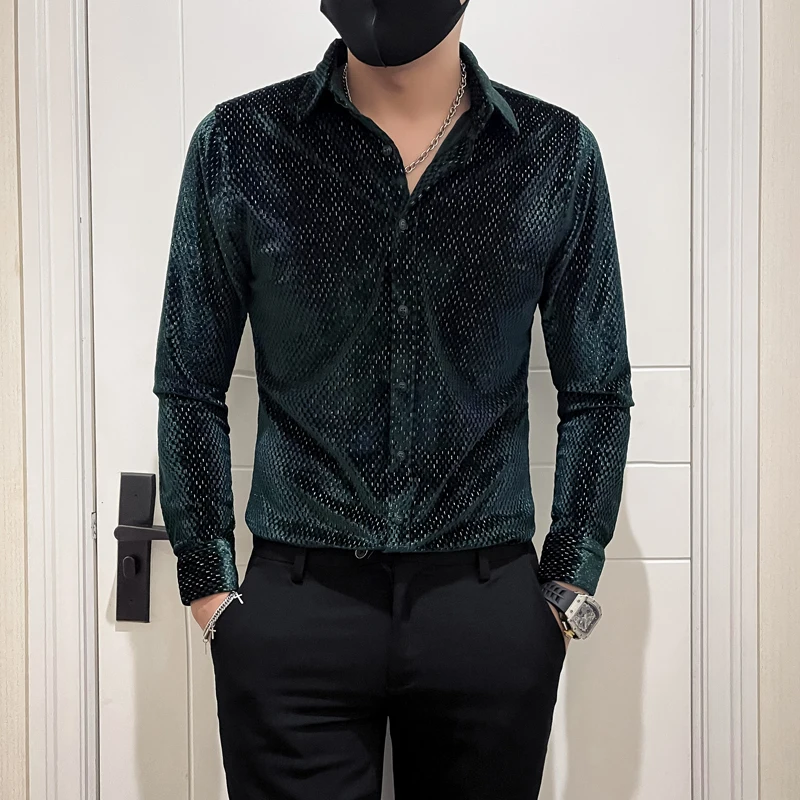 High-end Shiny Silver Wire Men Velvet Shirts Autumn Winter Luxury Korean Slim Men's Shirt Nightclub Prom Wear Elegant Tops Man