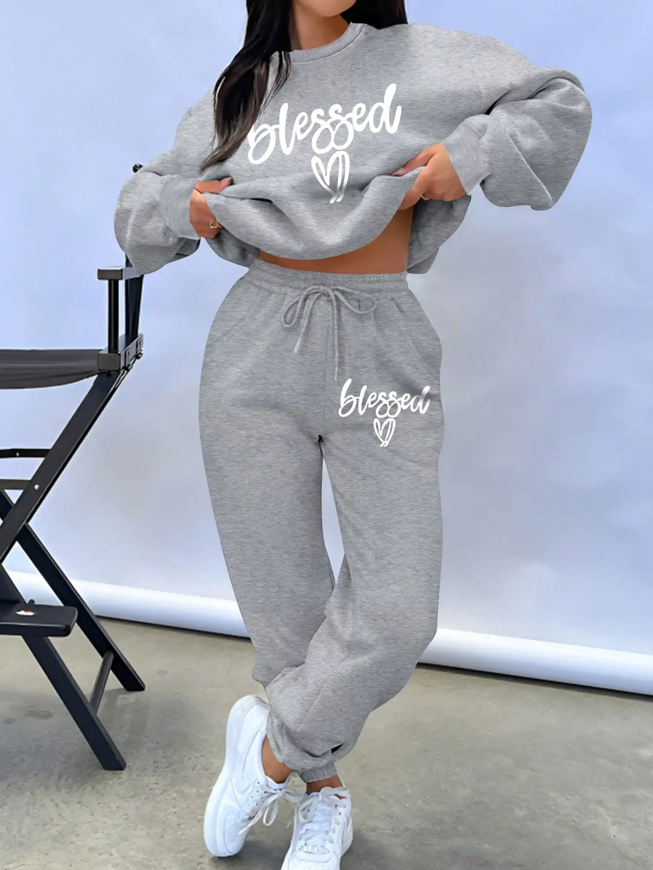Red Two-Piece Lounge Set with 'Blessed' Script Print - Cropped Sweatshirt & Joggers