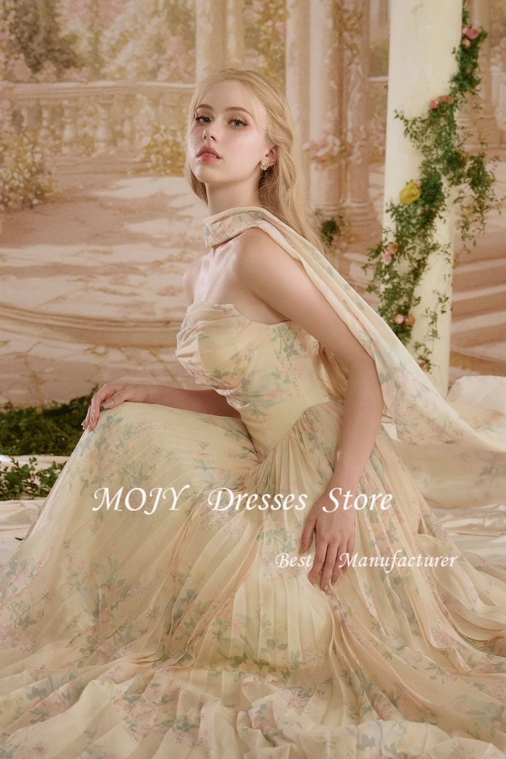 Mojy Prinzessin Creme A-Linie Druck Trägerlose Ballkleider Ärmelloser Schal Partykleider Formeller Abend Maßgeschneiderter Garten 2026