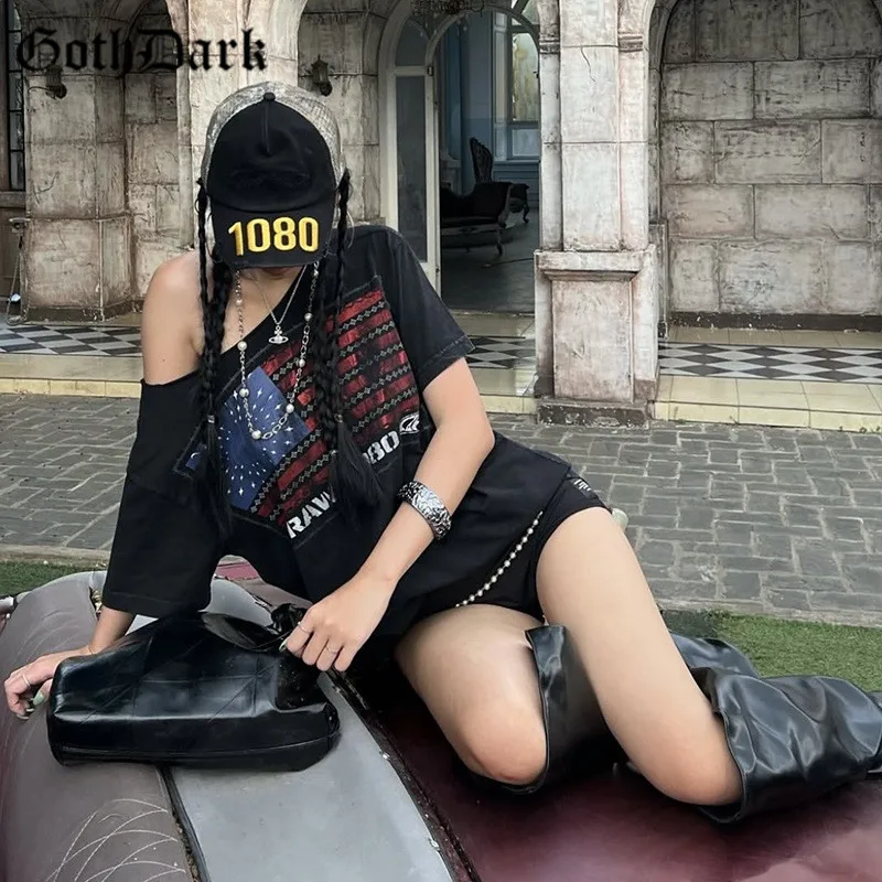 

Goth Dark Casual Streetwear T-shirts Loose Skew Collar Print Short Sleeve T-shirt Women Punk Pullovers 90s Gothic Clothing Tees