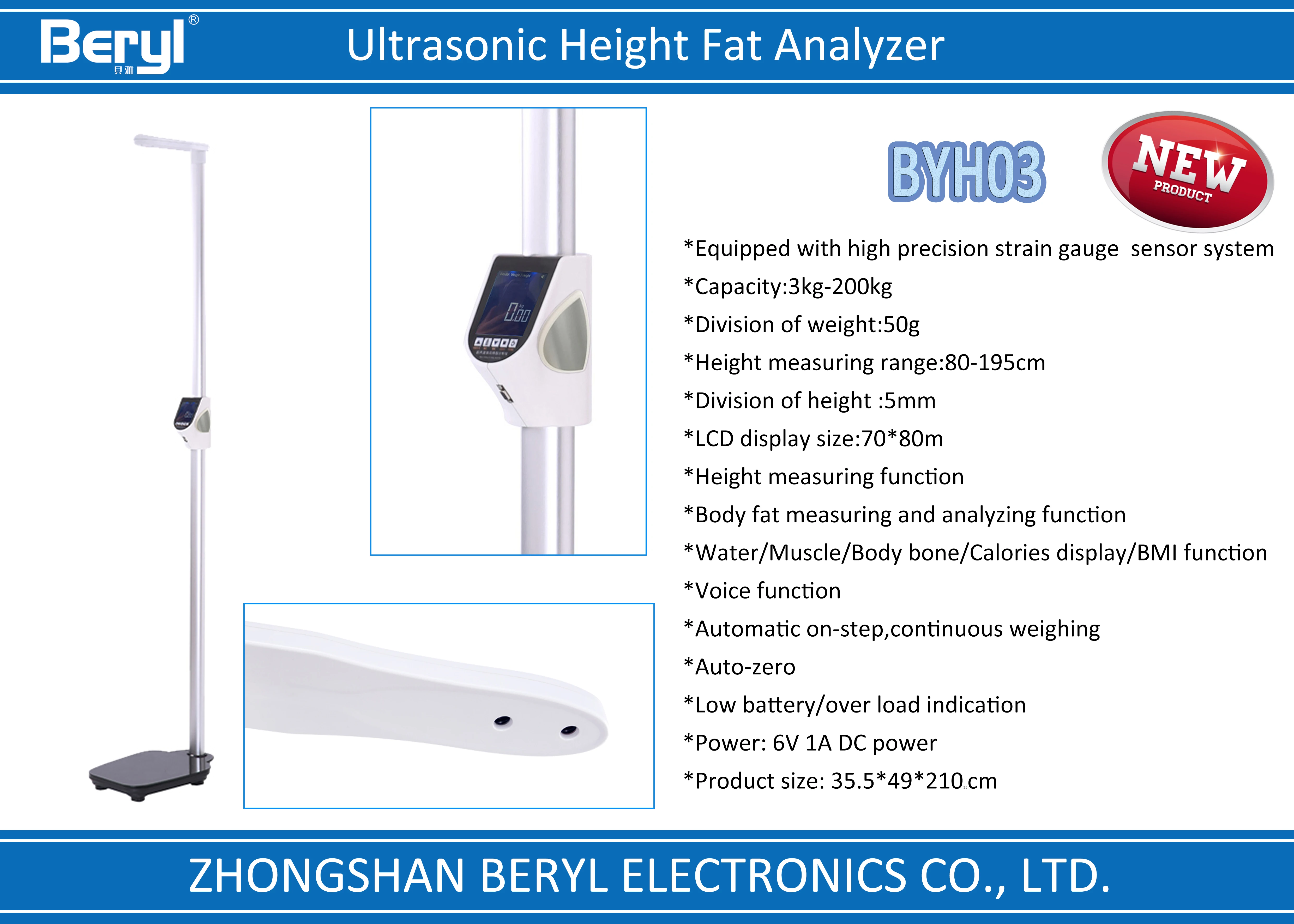 Zhongshan Human 200Kg Ultrasonic Body Fat Analyzer Digital Weighing Scale Height Measurement Height Weight Scale