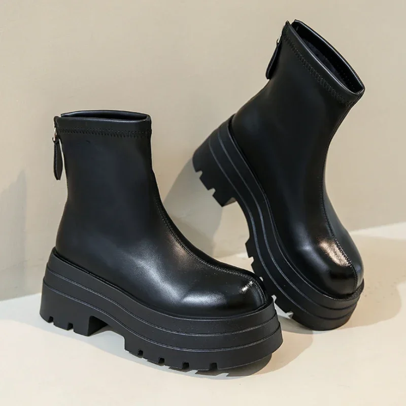 Platform Ankle Boots Women New 2024 Thick Bottom Fashion Short Boot Rounded Head Zipper Black Luxury Chunky Chelsea Boots Female