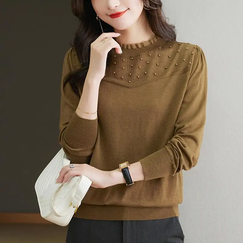 Half High Collar Solid Color Pullover Women\'s Clothing Lace Patchwork Long Sleeve Sweater Knitted Elegant Autumn Winter Tops