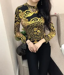 Women's Multicolor Stand Collar Long Sleeve Pullover, Punk T-Shirt, Sexy Top, Spring, Autumn, New