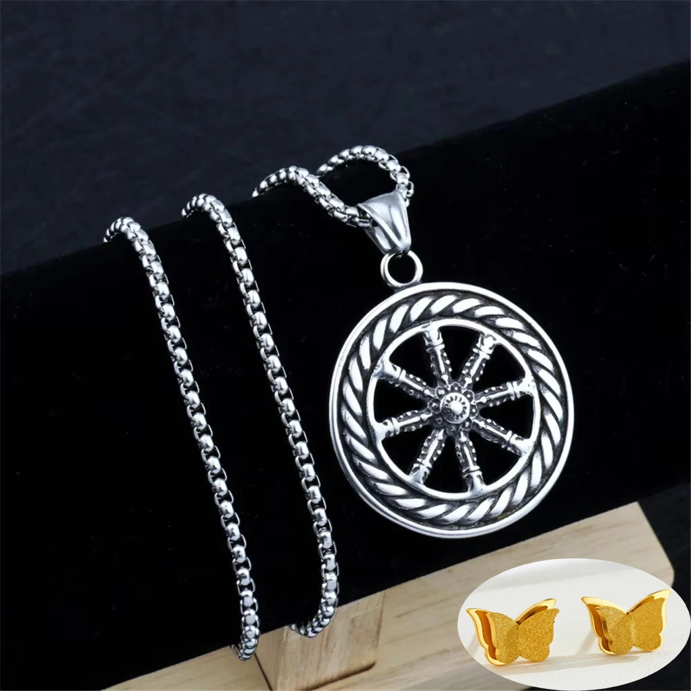 Vintage  Rudder Charms Dharma Wheel of Life Samsara Buddhist Amulet Pendant Talisman Necklace Religious Jewelry For Men