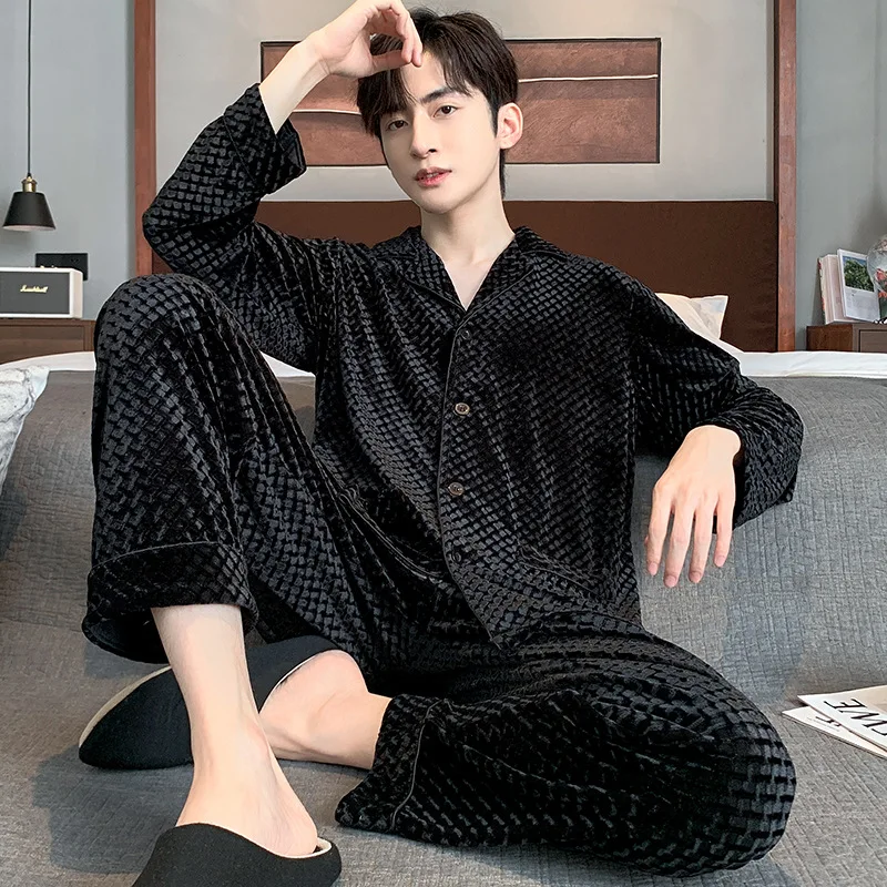 Piżama męska z wysokiej jakości czarnego koreańskiego aksamitu, z długim rękawem, na wiosnę i jesień, komplet do spania, strój domowy, komplet zimowy, do noszenia na zewnątrz.