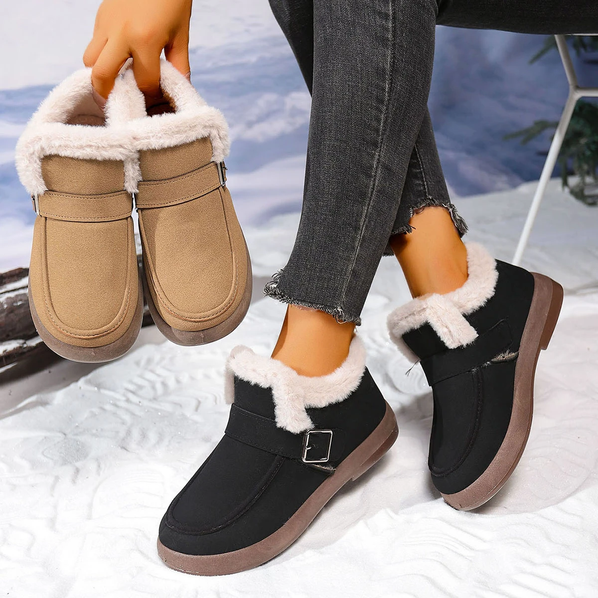 Women's Fuzzy Lined Ankle Snow Boots Buckle Strap Warm Winter Boots Non-Slip Casual Short Booties Faux Fur Lined Comfortable