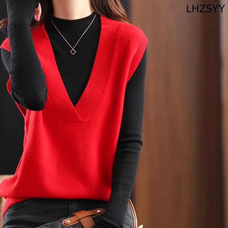 LHZSYY Autumn New 100%Pure Wool Knit Waistcoat Women V-Neck Pullovers Large Size Sleeveless Sweater Loose Vest Blouse Base Shirt