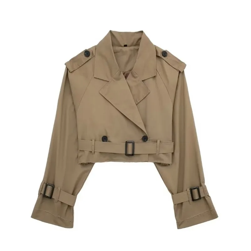 Fashion Belt Cropped Trench Spring Jacket Women Vintage Streetwear Double Breasted Long Sleeve Top Female Coat Outfits