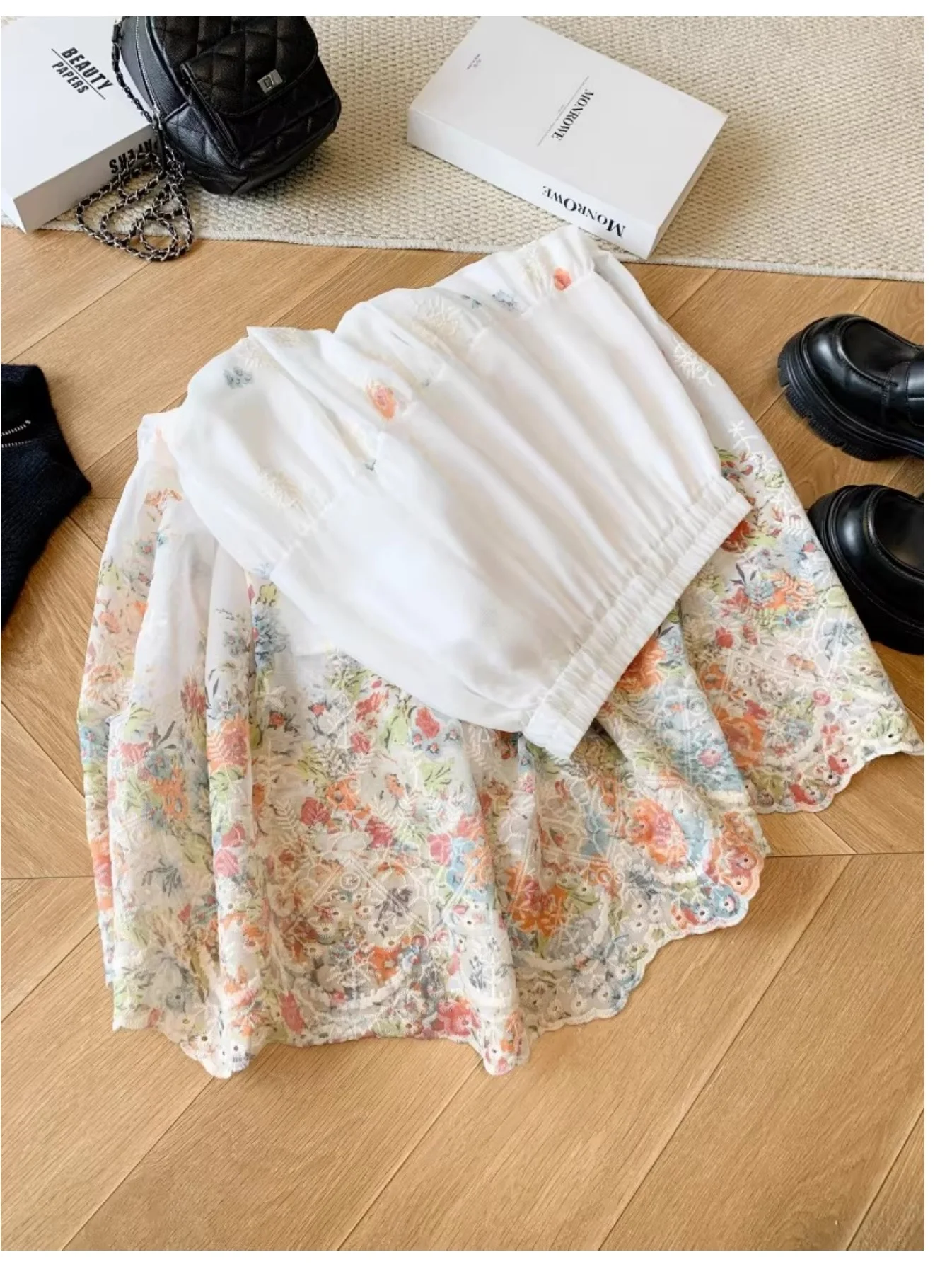 French-Style Sweet Embroidered Floral Skirt for Women, Spring and Summer Mid-Length Loose A-Line Fairy Umbrella Skirt with Elastic Waist