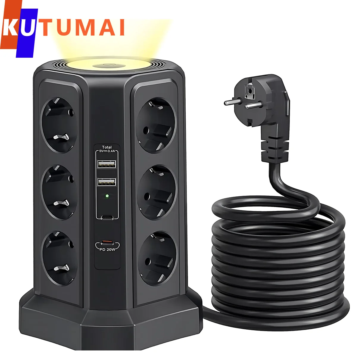 Tower Power Strip Multiple Electrical Socket 12 Outlets 4USB Ports EU Plug Adapters Night Light Surge Protection For Home Office