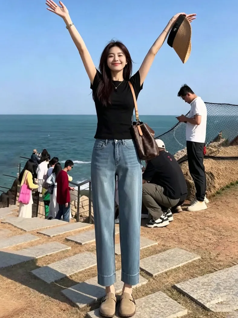 

Slim Straight Leg Denim Jeans Women's Summer New Loose Fitting Nine-Tenths Wide Leg Pants High Waist Pocket Detail