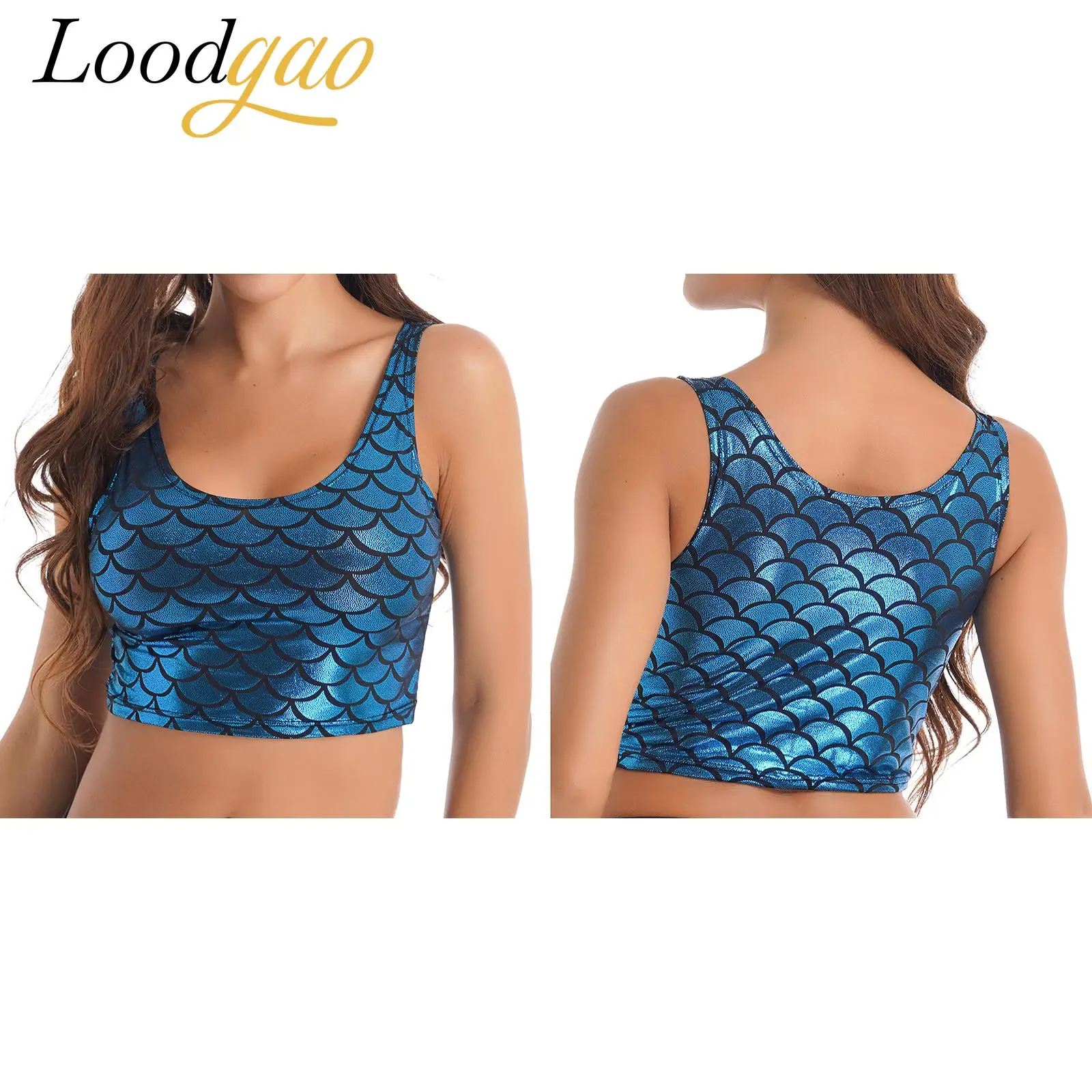 Metallic Tops Women Shiny Fish Scale Print Cropped Tank Top Pole Dance Costume Festival Rave Clubwear Yoga Sleeveless Vest
