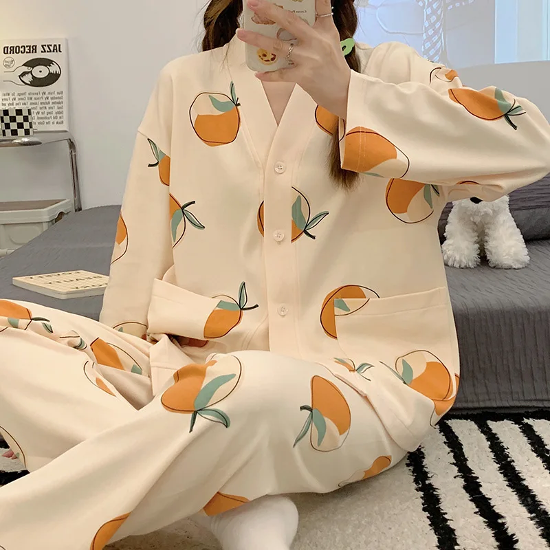 Cotton Suits Long Girl Korean Women's Pajamas Kimono Pyjama Print Pijama V Neck Spring Sleepwear Nightie Pjs loungewear women