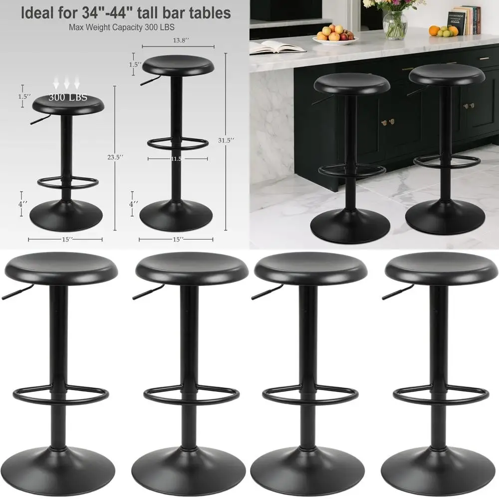 Pair of Modern Adjustable Swivel Bar Stools, Metal Counter Height, Backless for Kitchen Island or Pub, Black