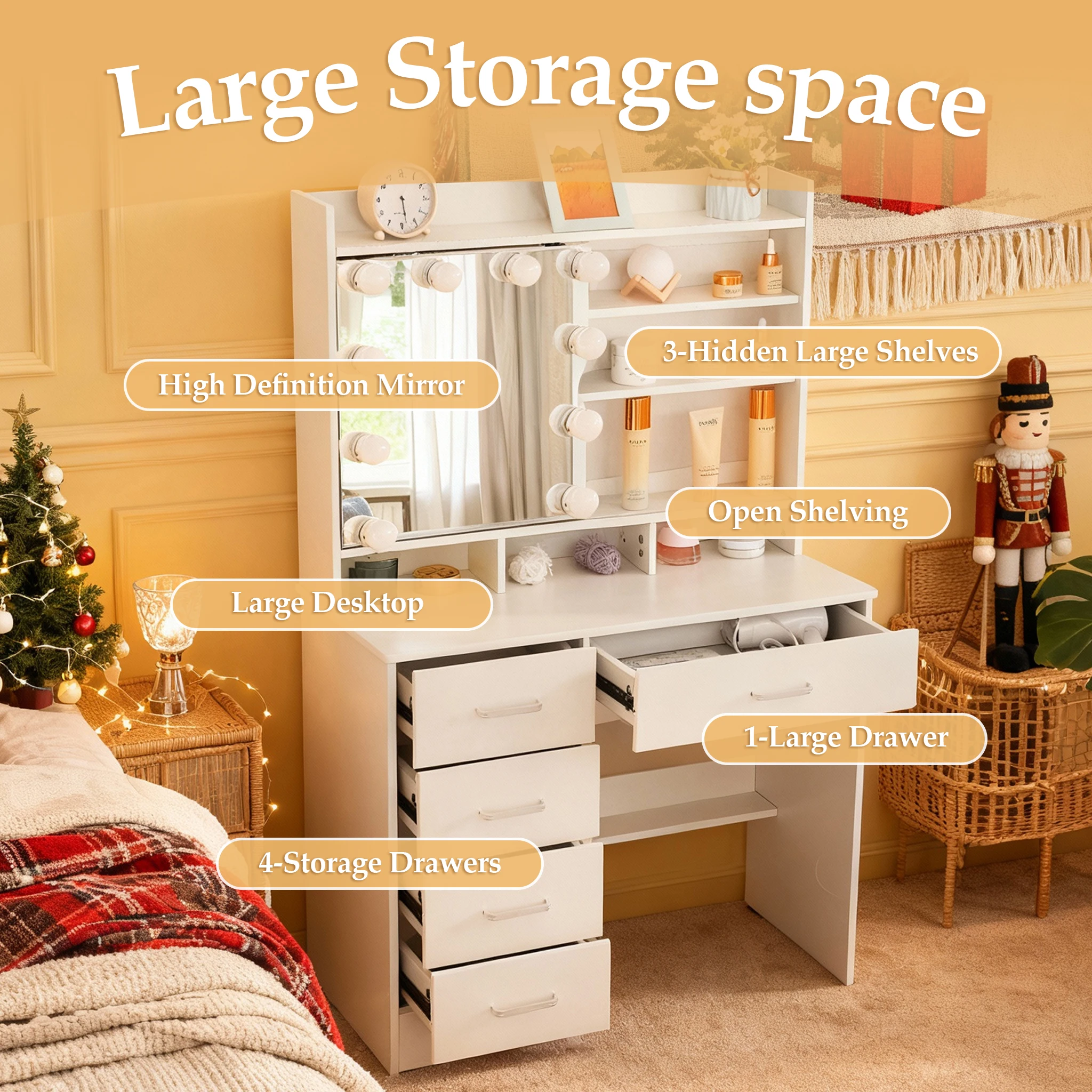 Sofisticato lavabo in legno con specchio illuminato – 3 modalità di illuminazione dimmerabili, cassetti e ripiani