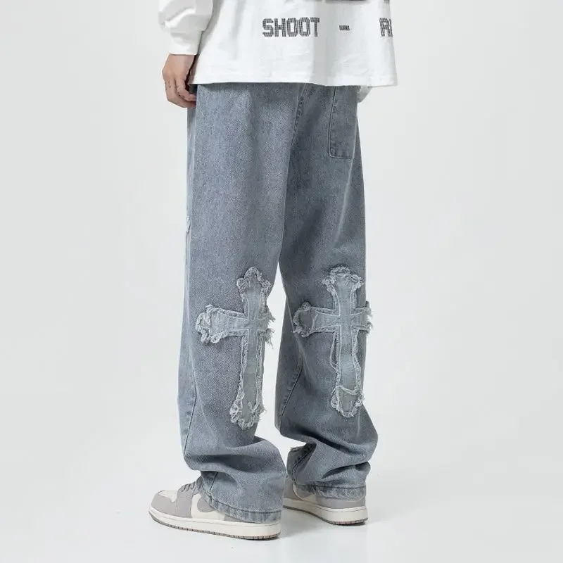 Streetwear Gothic Jeans Women Y2K High Waist Jeans Trousers Casual Cross Cargo Pants Korean Summer Straight Baggy Punk Clothes