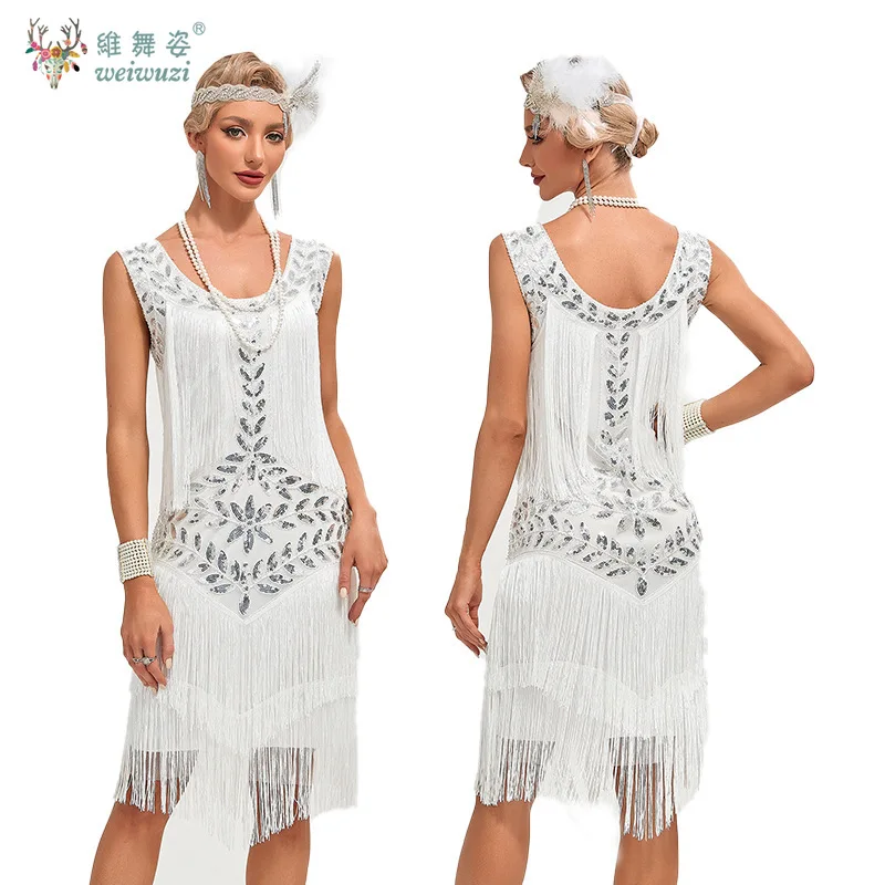1920S 女性ヴィンテージウエディングドレスラウンドネックスパンコールビーズ刺繍タッセルタンクトップ大きいドレスセクシーなカクテルパーティー衣装
