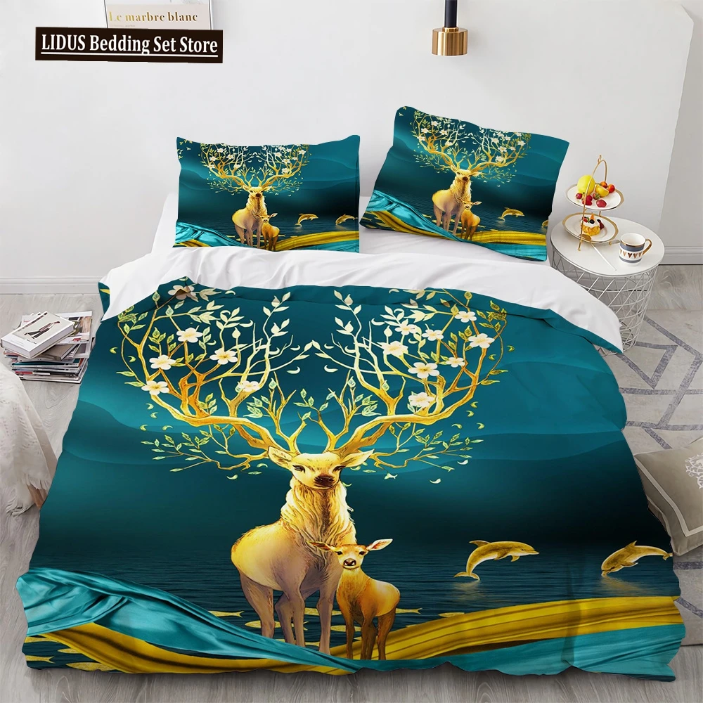 

Elk Duvet Cover Set Antlers Flowers Landscape Decor For Adult Teens Kids Quilt Cover Bedspread Cover Floral Printed Bedding Set