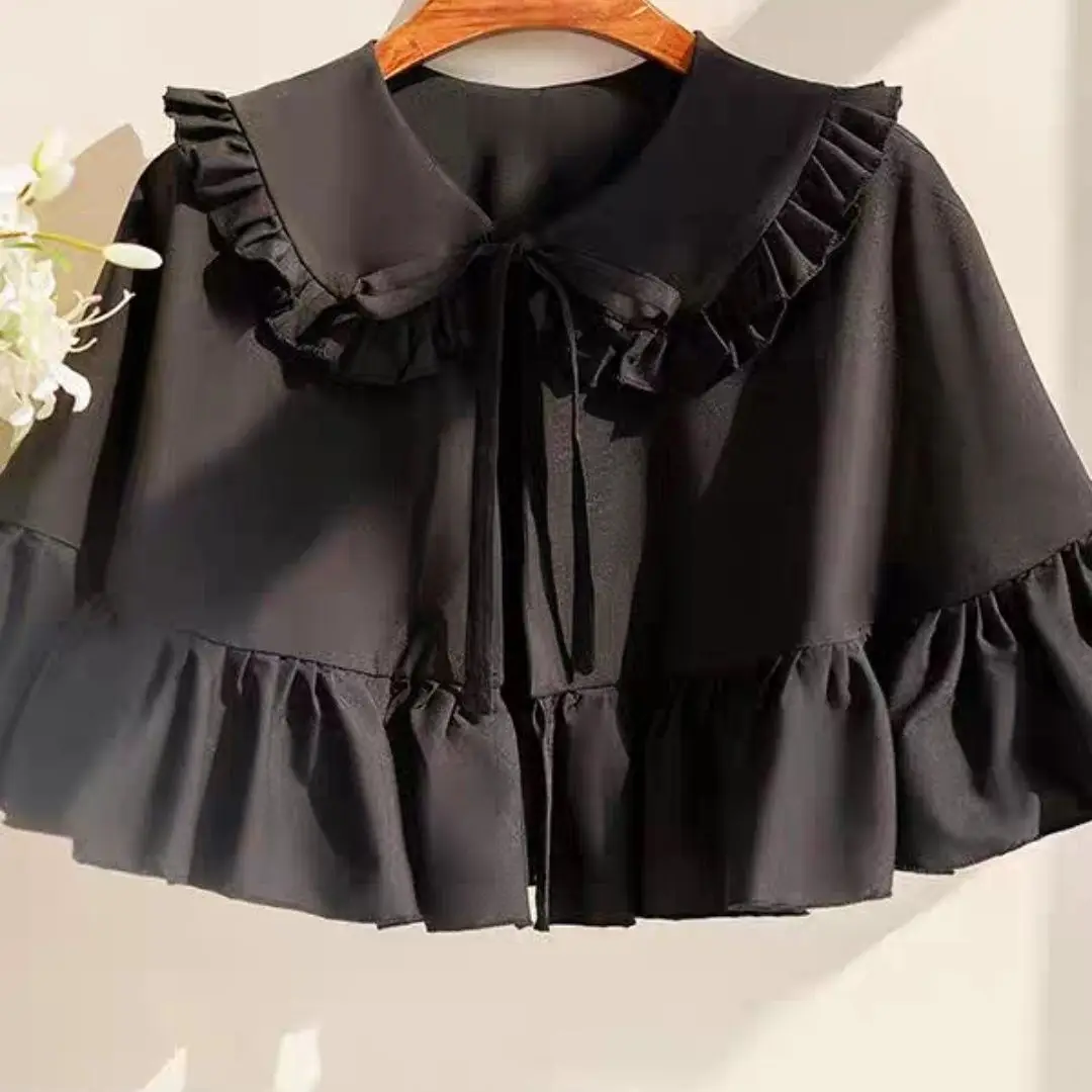 Women's Gothic Black Lolita Shawl Womens Loose Lace-Up Ruffle Doll Collar Cloak Jacket Lady Vintage Kawaii Sweet Blouse 2025