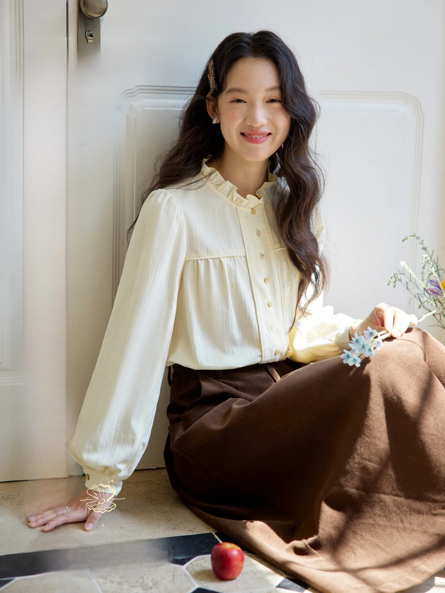 

Рубашка Sweet Wood с воротником-стойкой и рюшами, французский стиль, свободный крой, из чистого хлопка, с длинными рукавами, дышащая, приятная для кожи, для повседневной носки.