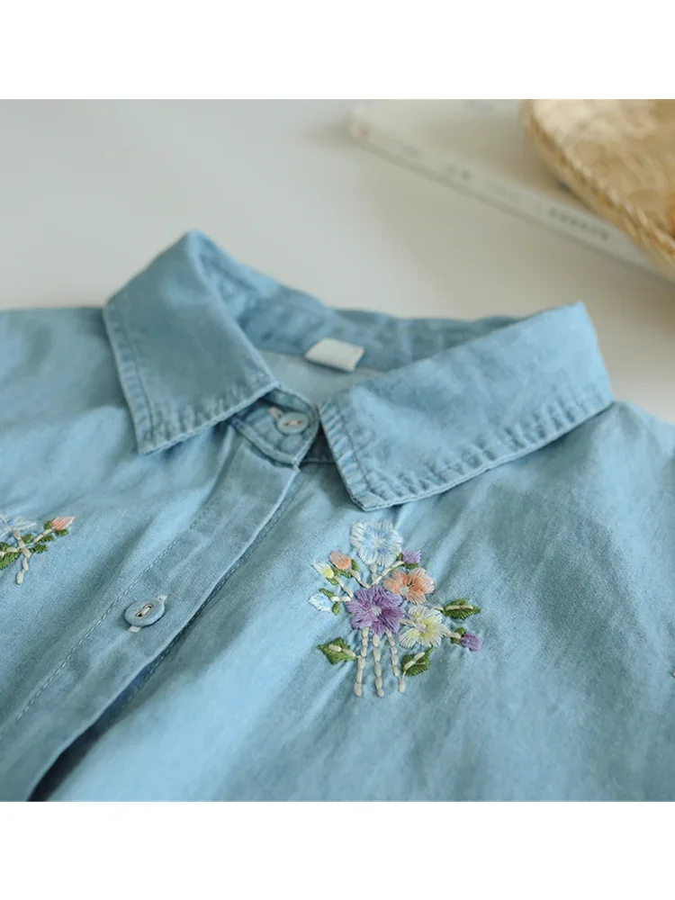 Soft Denim Shirt Bunches Of Flowers Embroidery Romantic Blouse Mori Girl