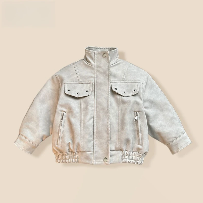 Boys Leather Jacket Winter New Children's Korean Version Coat Zipper Velvet Warm Baby Jacket Weaving Children's Clothing