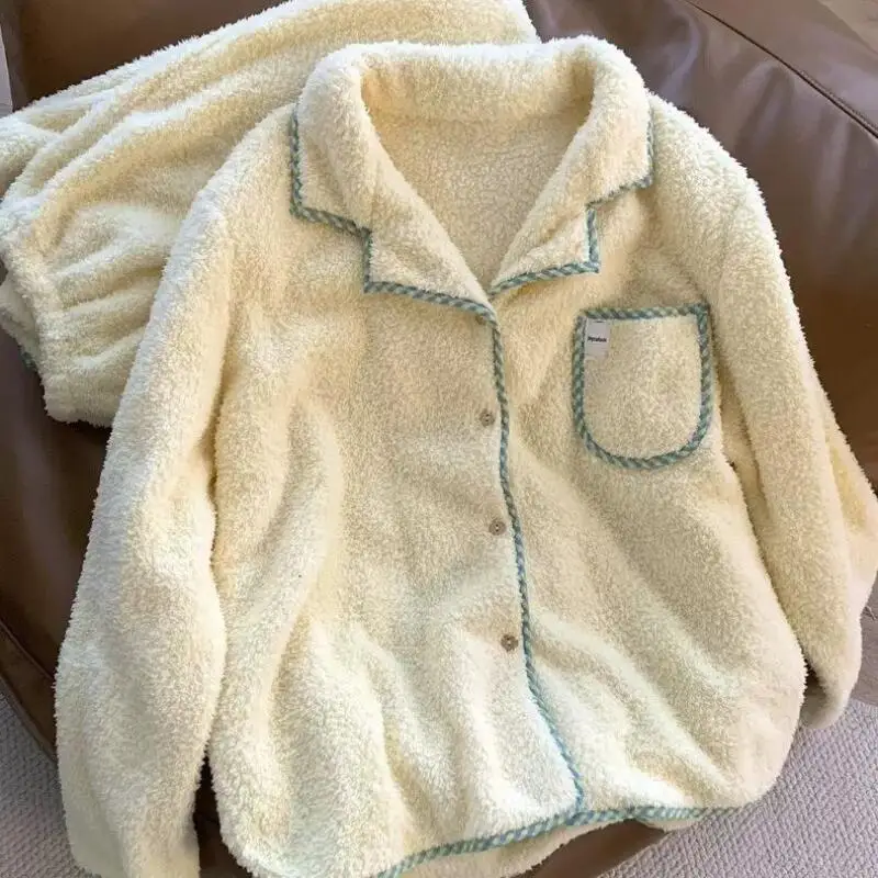 

Women's Pajamas Loungewear Autumn Winter Girl Student Warm Simple Grid Contrasting Color Coral Fleece New Style Homewear Set