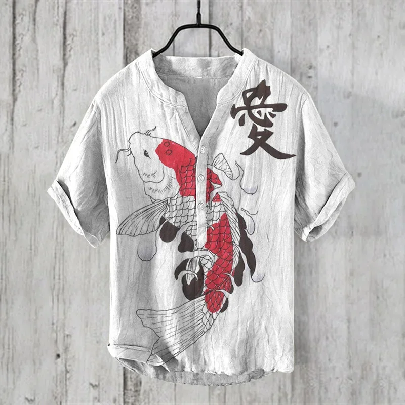 Cardigan Men Clothes Offer Men's Clothing Fashion Summer Casul Shirts Short Sleeve Henry Shirt Print Tops Mens 2024