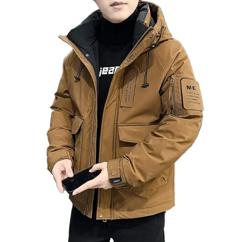 2024 Men's New Trend Brand Thick Warm Casual Short Hooded Cargo Down Coat Relaxation Casual Loose Hooded Down Jacket  Greatcoat