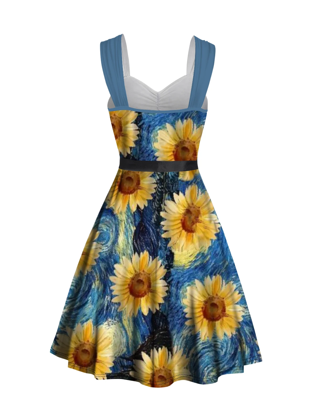 Dressfo Damen kleider Schatz Hals van Gogh Sonnenblumen Print Mock Button geraffte Büste Tank Gürtel Renaissance Kleid Sommerkleid