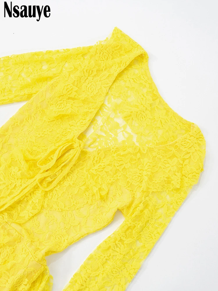 فستان قصير أنيق مكشكش وأكمام طويلة من Nsauye فستان نسائي صيفي شفاف مثير للنوادي الليلية والحفلات المسائية فستان منخفض القطع