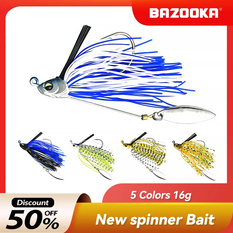 Bazooka Metal Spinner Bait Jig Head Fishing Lure 16g Rotate Beard Sequin Rubber Skirts Silicone Anti hanging Hooks Pike Tackle