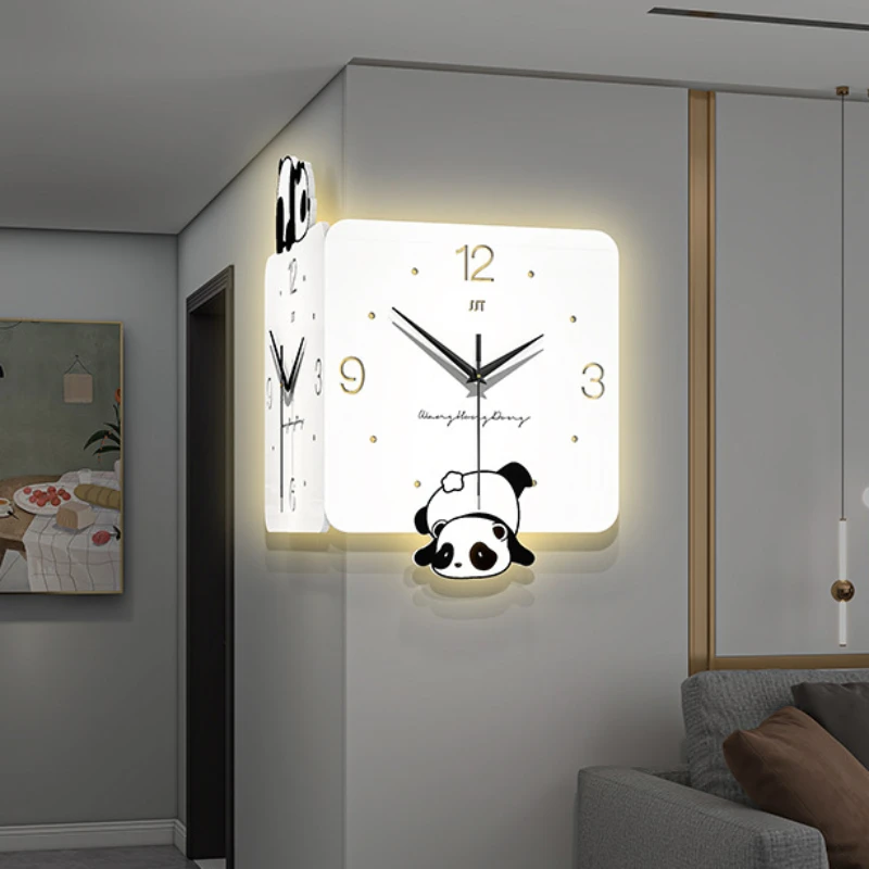 Living Room Simple Home Decoration with Lamp Clock Corner Advanced Sense Clocks Creative Panda Design Double-sided Wall Clock