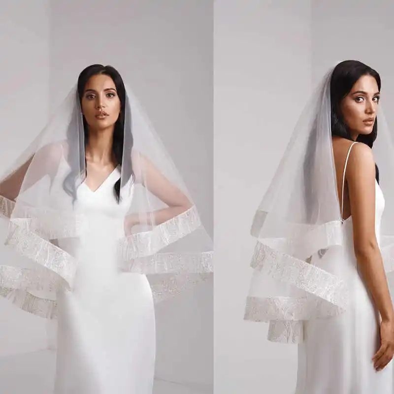 

Simple Two Layer Wedding VeilsSoft Tulle Fingertip Length Appliques Edge Bride Veils Wedding Marriage Accessories