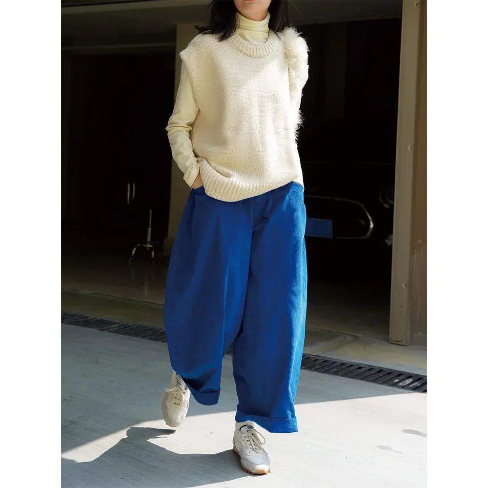 

Women's Corduroy Slacks, Full Length, Loose Female Pants, Wide Leg Pants, High Waist Elastic Trouser, Casual Sweatpants