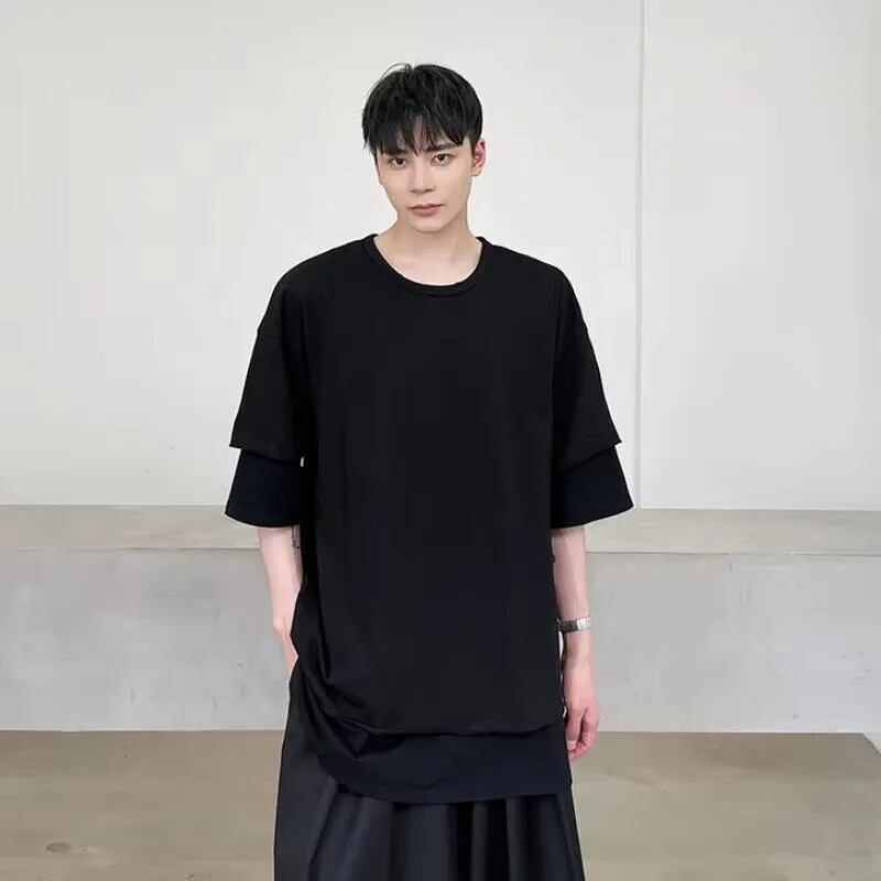 

Многослойная простая летняя нишевая мужская дизайнерская модная индивидуальная двухцветная футболка с короткими рукавами и короткими рукавами большого размера