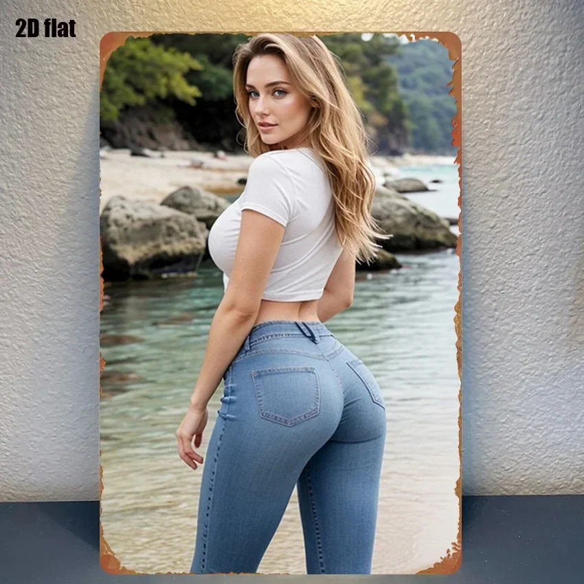 1pc Metal Sign Depicting Beach Vibes: a Classic Character Design Featuring The Perfect Pairing of Tight Jeans And a White Top