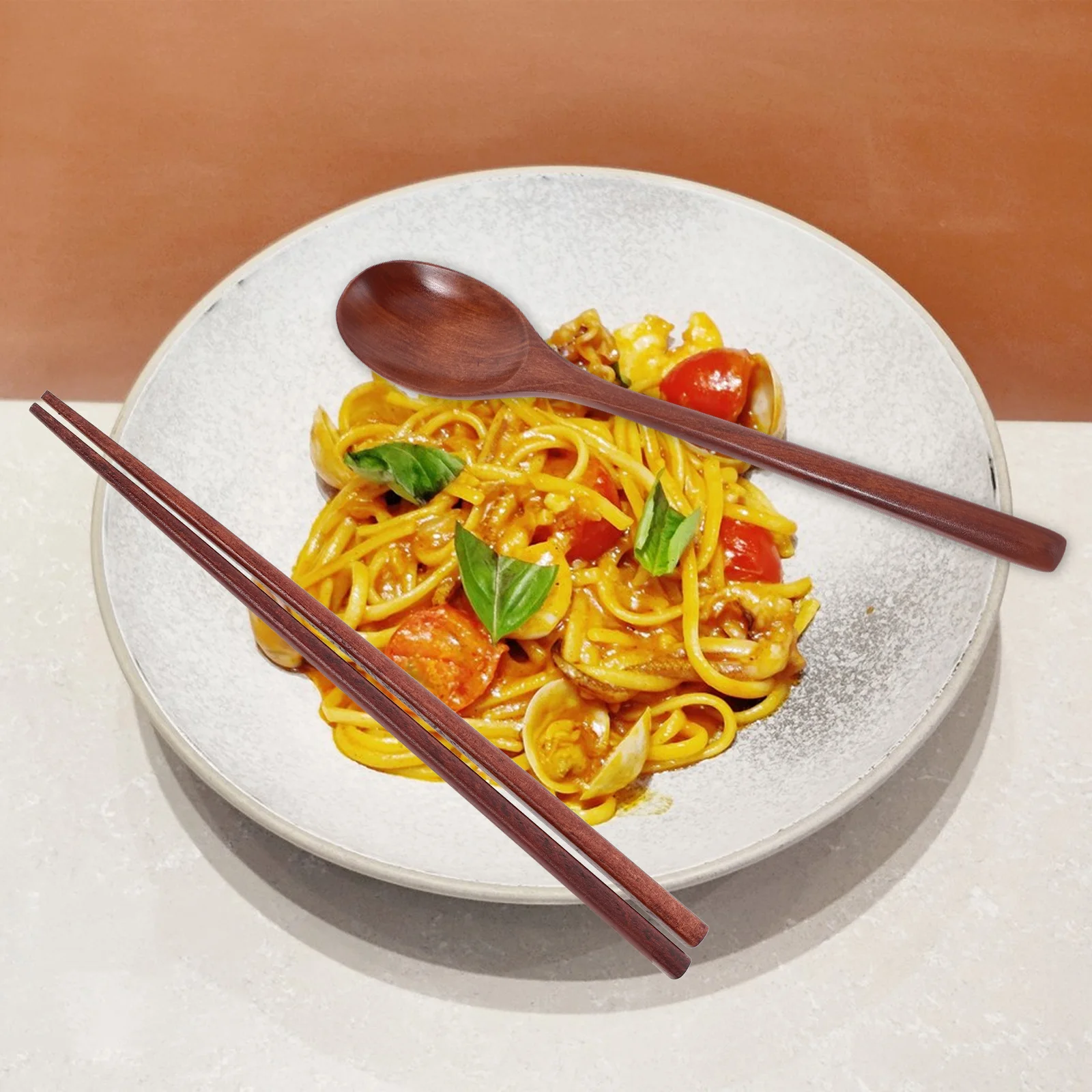 

5 Pieces Chopstick Set Reusable Non Slip Light Brown Portable Travel Dining Utensils Lightweight Compact Design Wooden Spoon Set