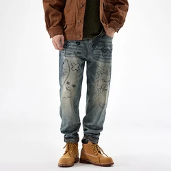 Pantalones vaqueros con estampado de grafiti para hombre, ropa de calle masculina, holgada, recta, retro, vintage, de alta calidad