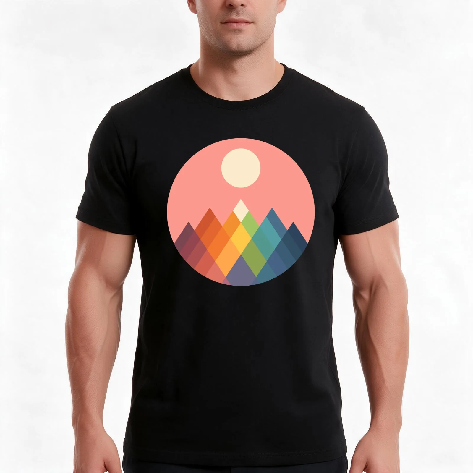 Rainbow Peak T-Shirt, Summer Casual Cotton Tee, Oversized Streetwear Tops, Vintage Graphic Print, Loose Fit Short Sleeve