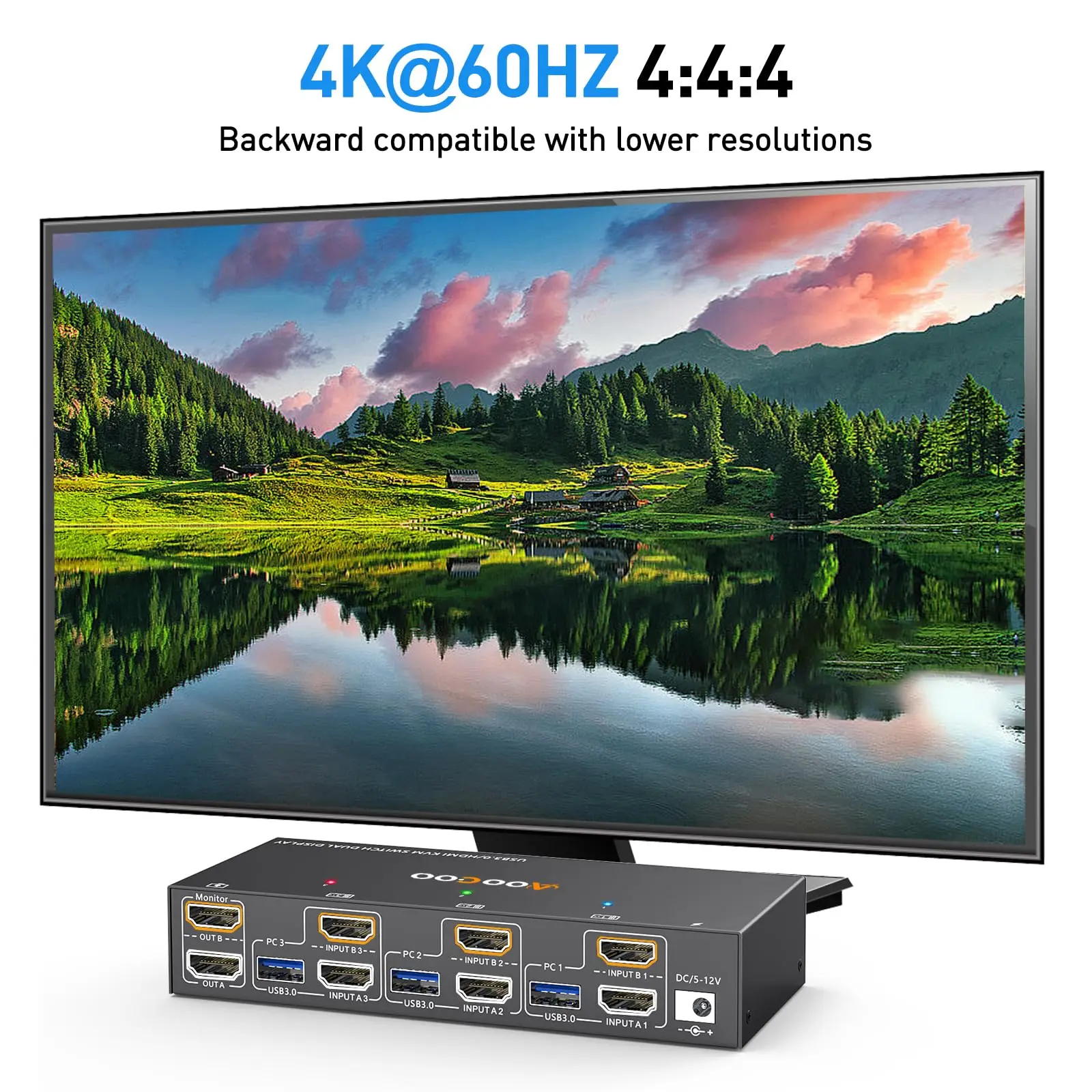 4K@60Hz/2K@120Hz HDMI KVM Switch 2 Monitors 3 PC, USB 3.0 KVM Switches with Wired Remote,Power Adapter and USB3.0 Cables - Image 3