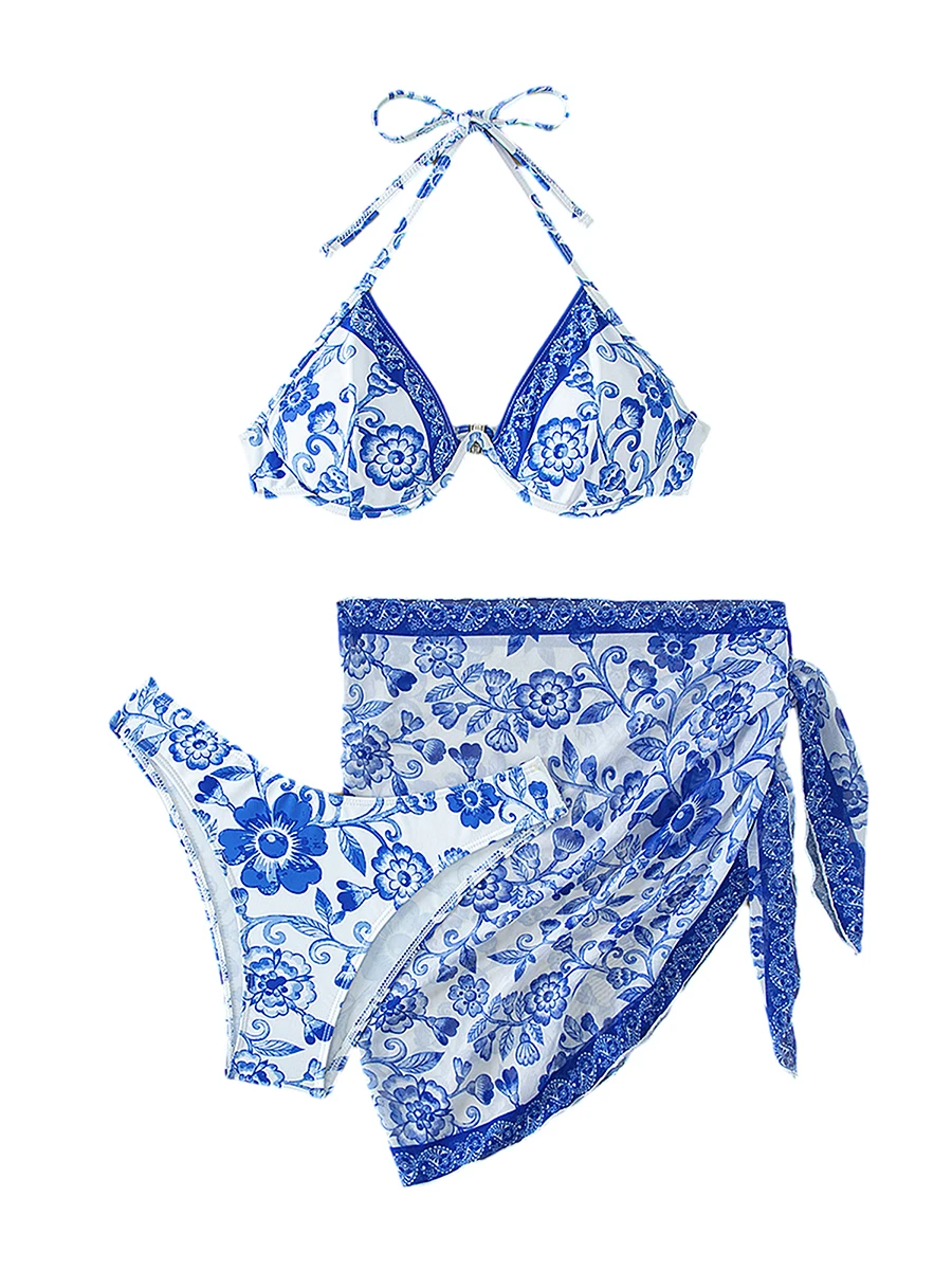 Women Bikini Set Flower Blue And White Porcelain Print Bra Briefs With Tie-up Skirt Bathing Suit 3-piece Swimsuit