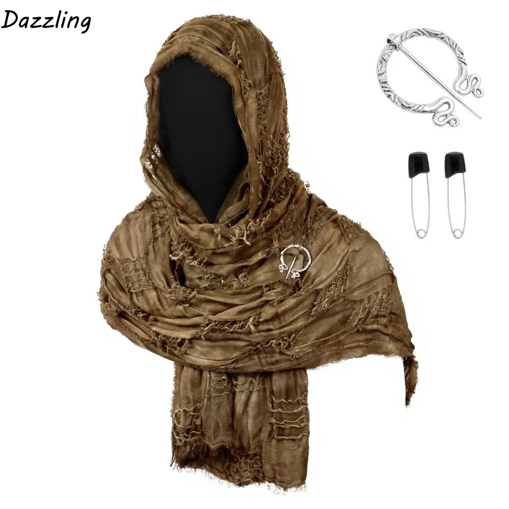 Gothic Distressed Hooded Scarf Polyester Metal Brooch Halloween Viking Cosplay Wrap Adjustable Long Medieval Shawl Festival