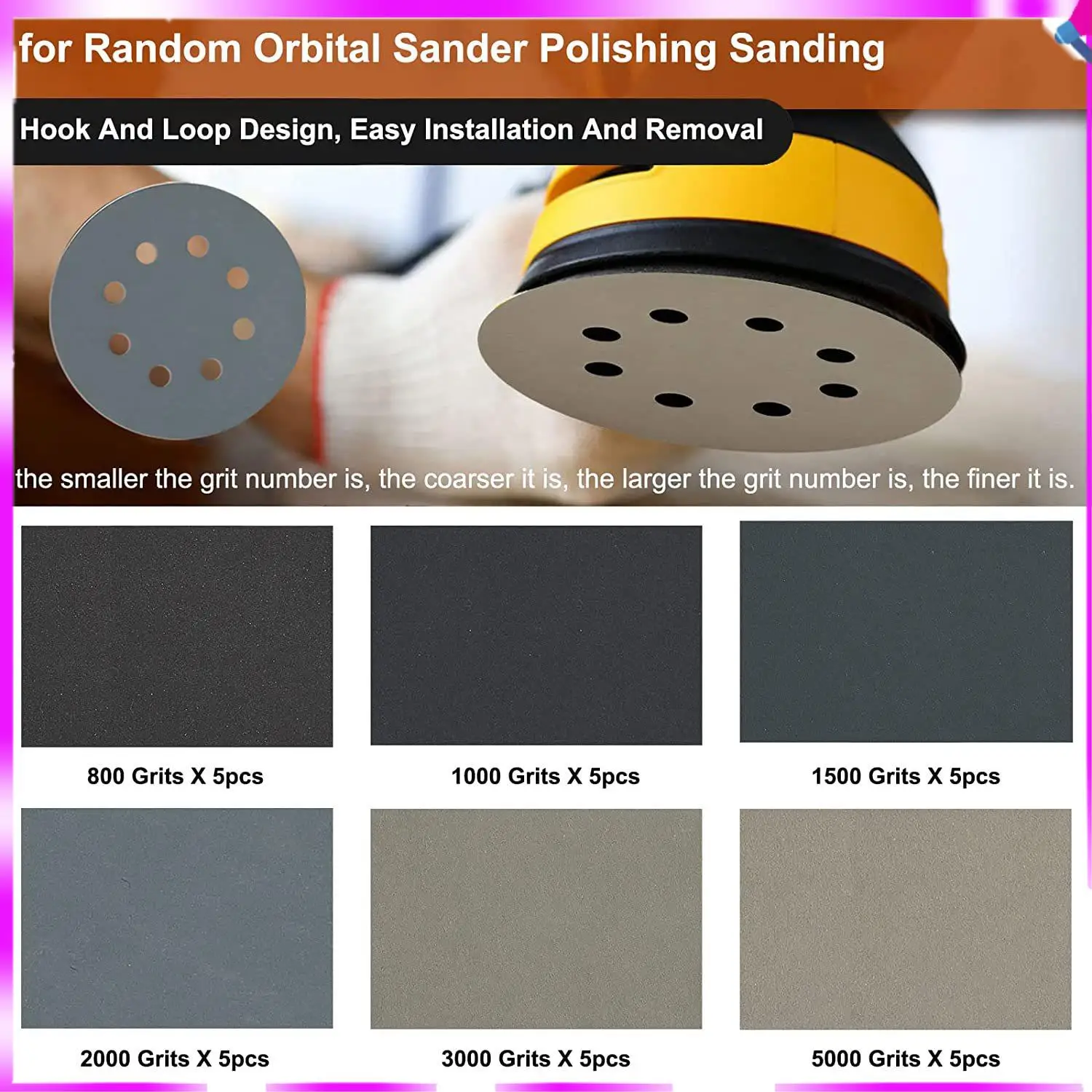 N96r 30 peças conjuntos de discos de lixa de 5 polegadas, gancho e laço 5 polegadas combinação de 8 furos (800/1000/1500/2000/3000/5000) lixa nova