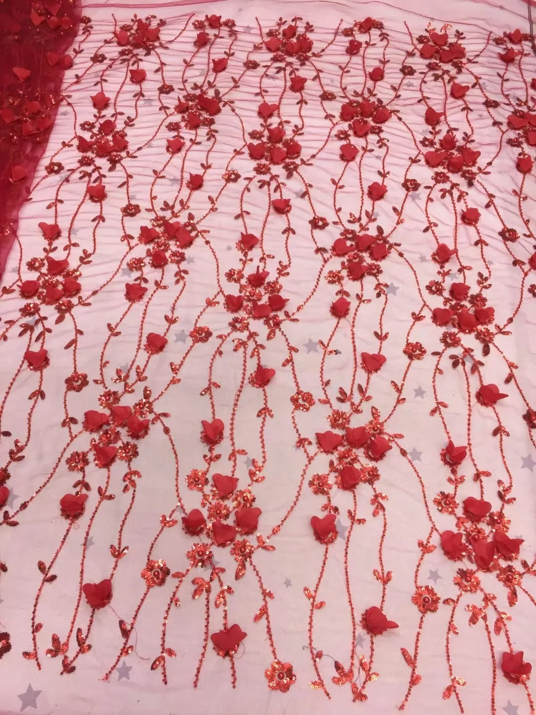 

(5yards/pc) Red African tulle lace beads 3D flowers French net lace fabric with sequins embroidery for party dress FZX162