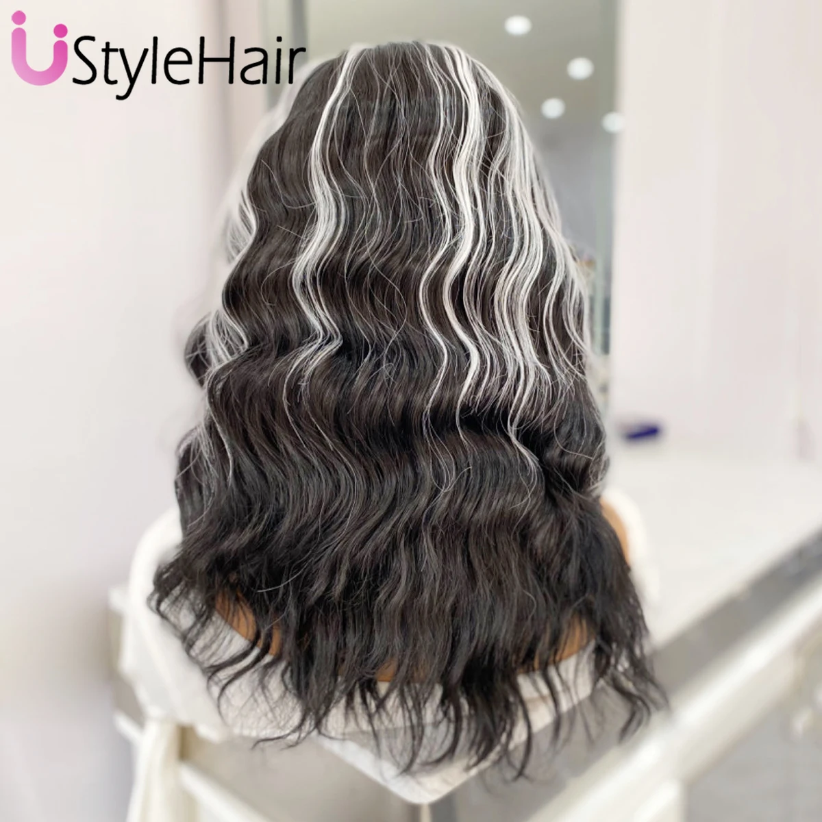 UStyleHair-Perruque ondulée courte noire avec reflets blancs pour femme, ligne de cheveux naturelle, devant en dentelle, mélange document 03/Wear, perruque cosplay